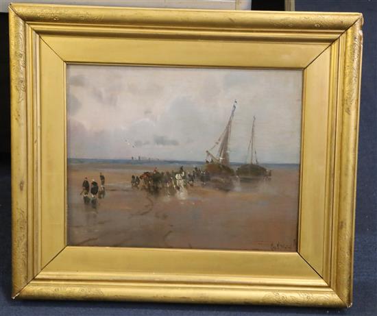 George Charles Haite (1855-1924) Fisherfolk unloading boats at low tide 11.5 x 14.5in.
